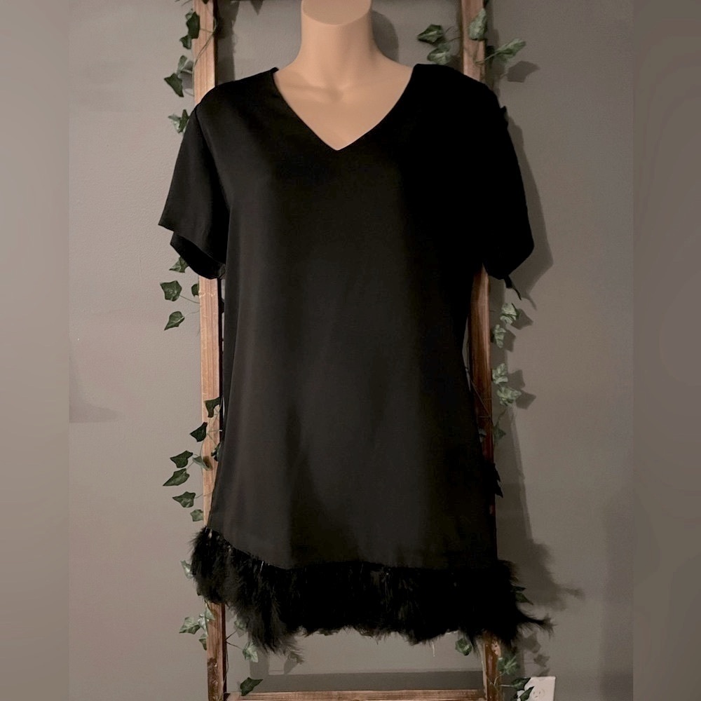 Lea & Viola Black Dress with Feathers Anthropologie NWT